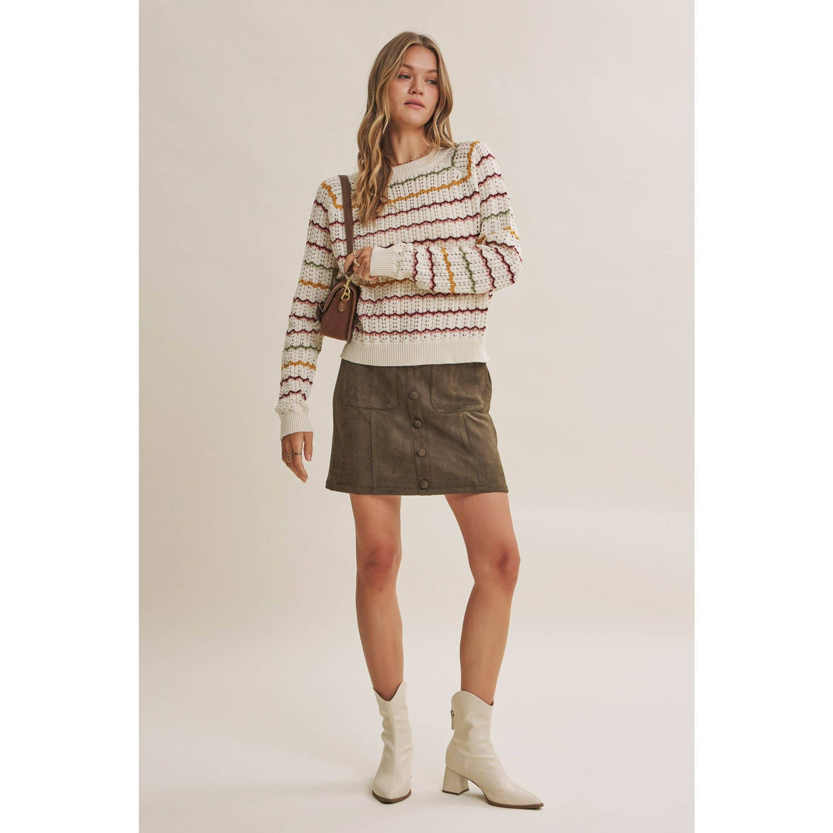 ARTISAN MULTI-COLOR CROCHET-LIKE SCALLOP STRIPE SWEATER