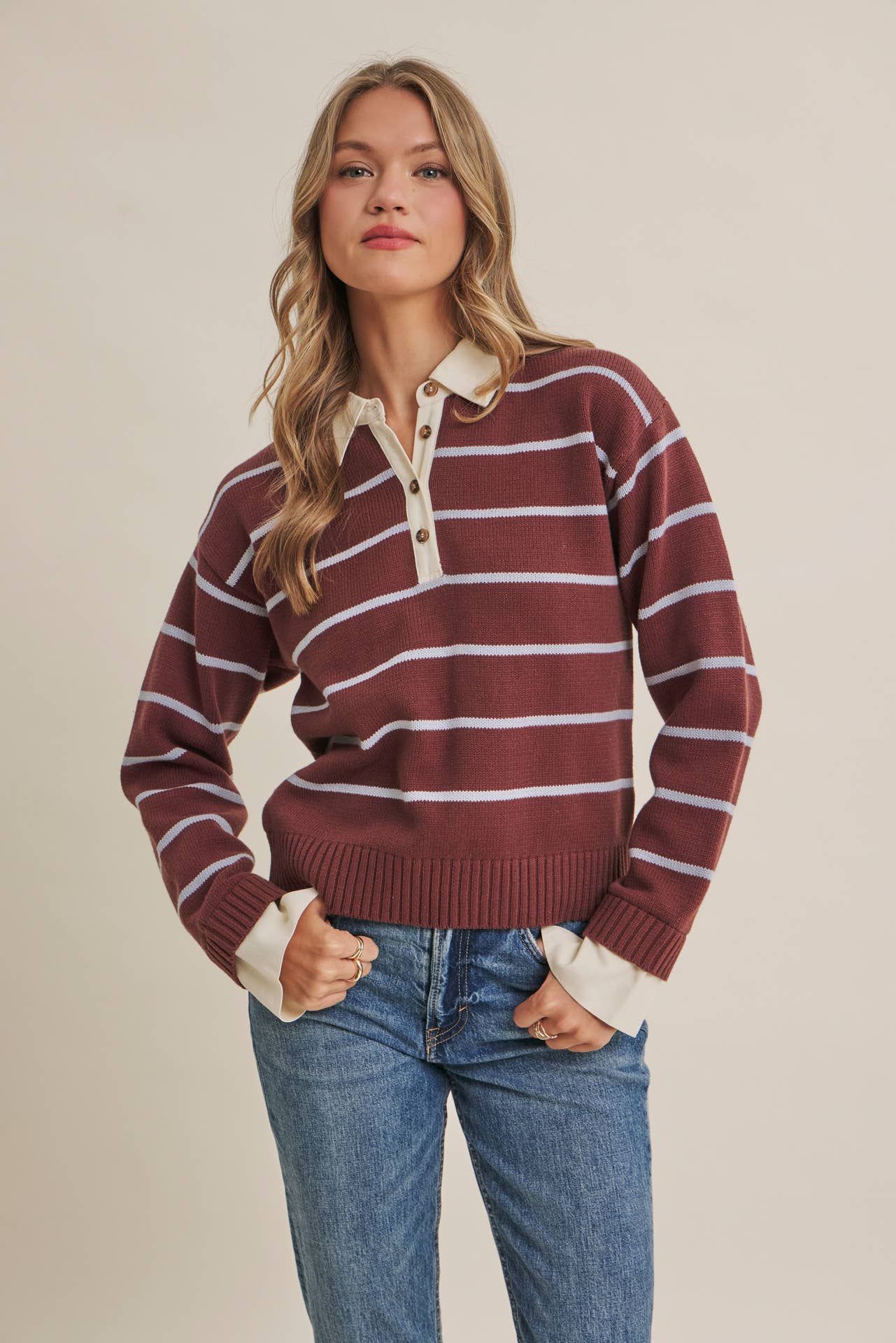 MODERN HERITAGE STRIPE HENLEY TWOFER SWEATER TOP