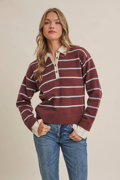 MODERN HERITAGE STRIPE HENLEY TWOFER SWEATER TOP