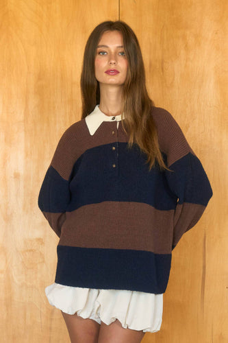 The Prep Knit Wide Stripe Collared Polo Sweater