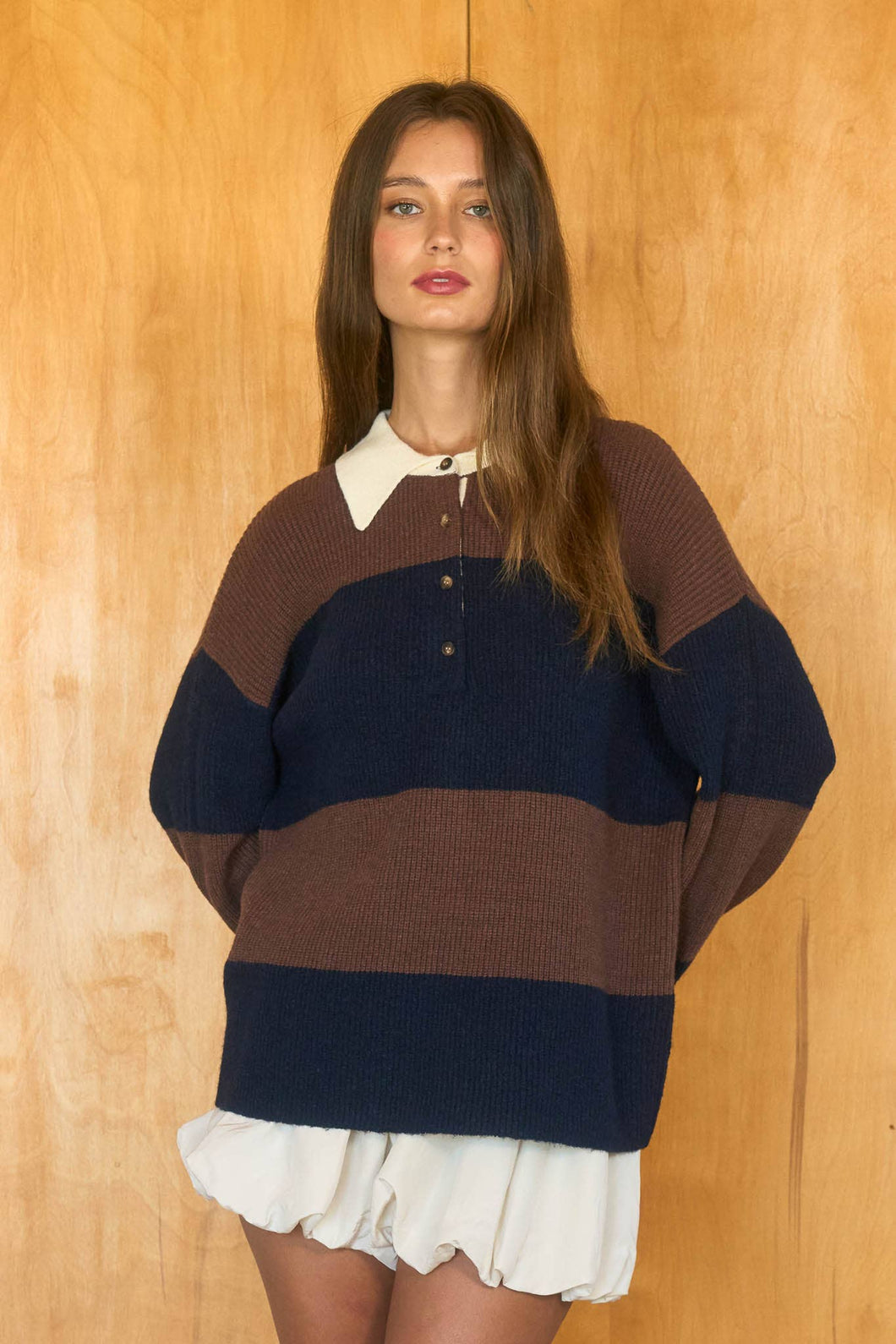 The Prep Knit Wide Stripe Collared Polo Sweater