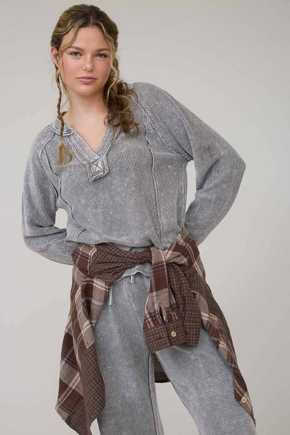 In My Comfy Era Mineral Washed Ribbed Split Neck Long Sleeve Knit Top
