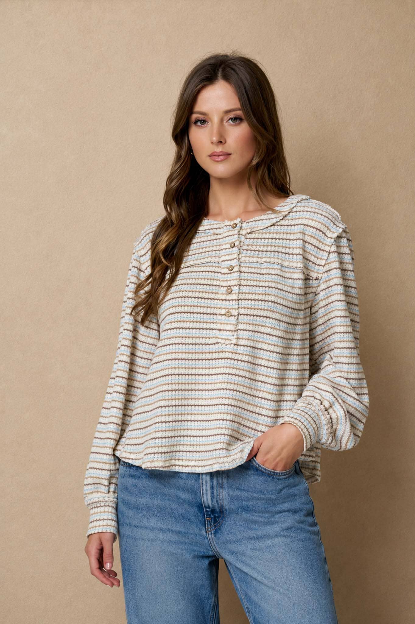 MULTICOLOR STRIPE YOKE DETAIL KNIT TOP
