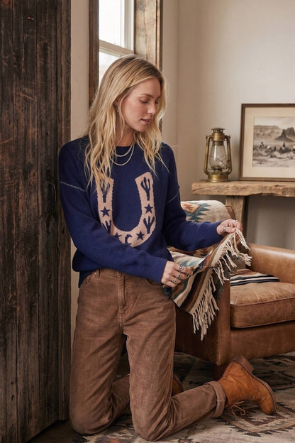 Western Horseshoe Cactus Knit Sweater