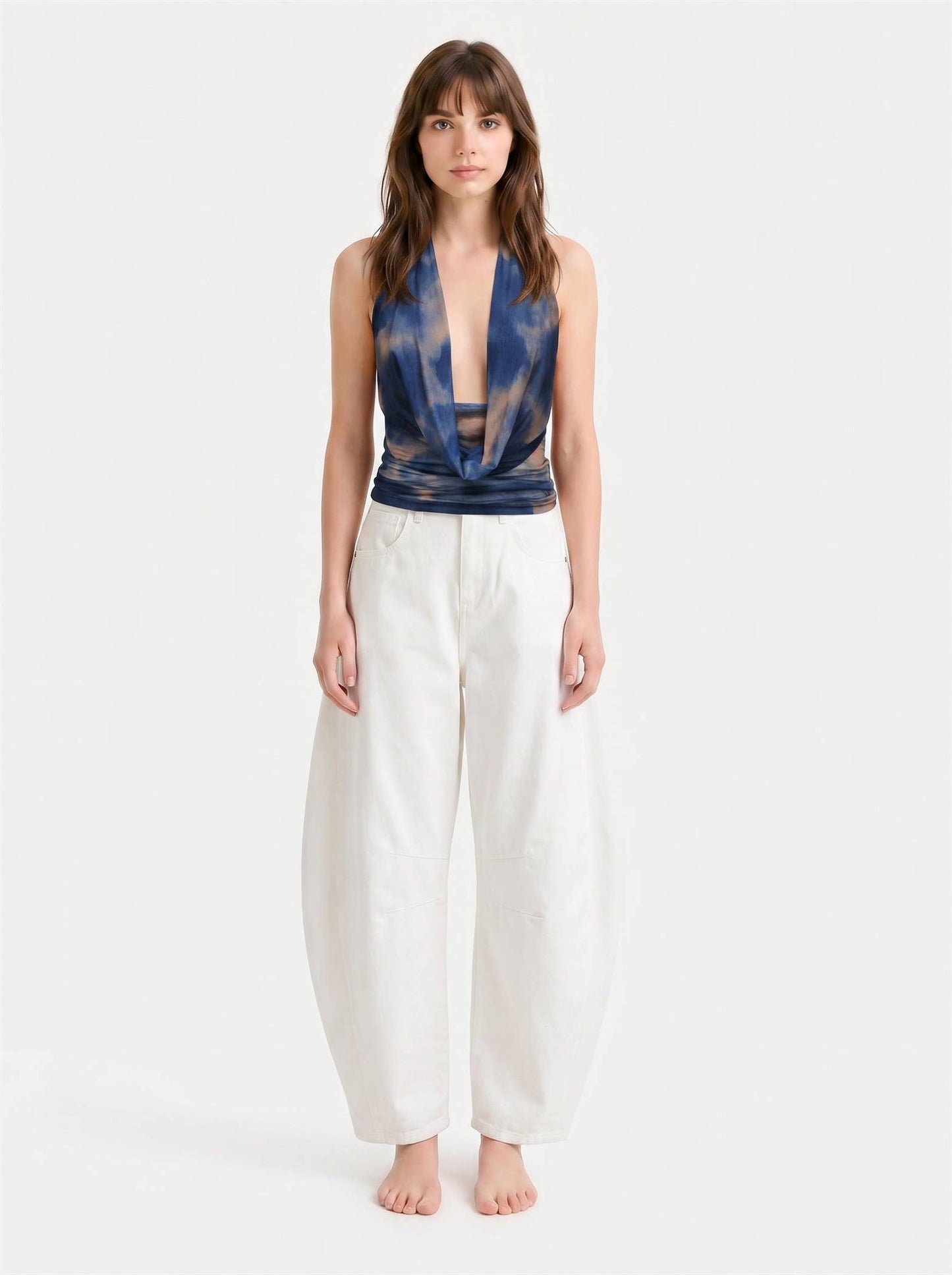 SHEER DRAPED HALTER PLUNGE TOP