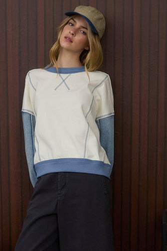 Thinking It Over Mix Media Denim  Sleeve  Knit Top