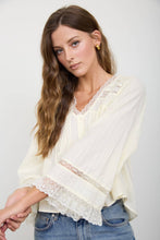 Load image into Gallery viewer, TEXTURED STRIPE LACE TRIM PLEATED BUTTON DOWN TOP