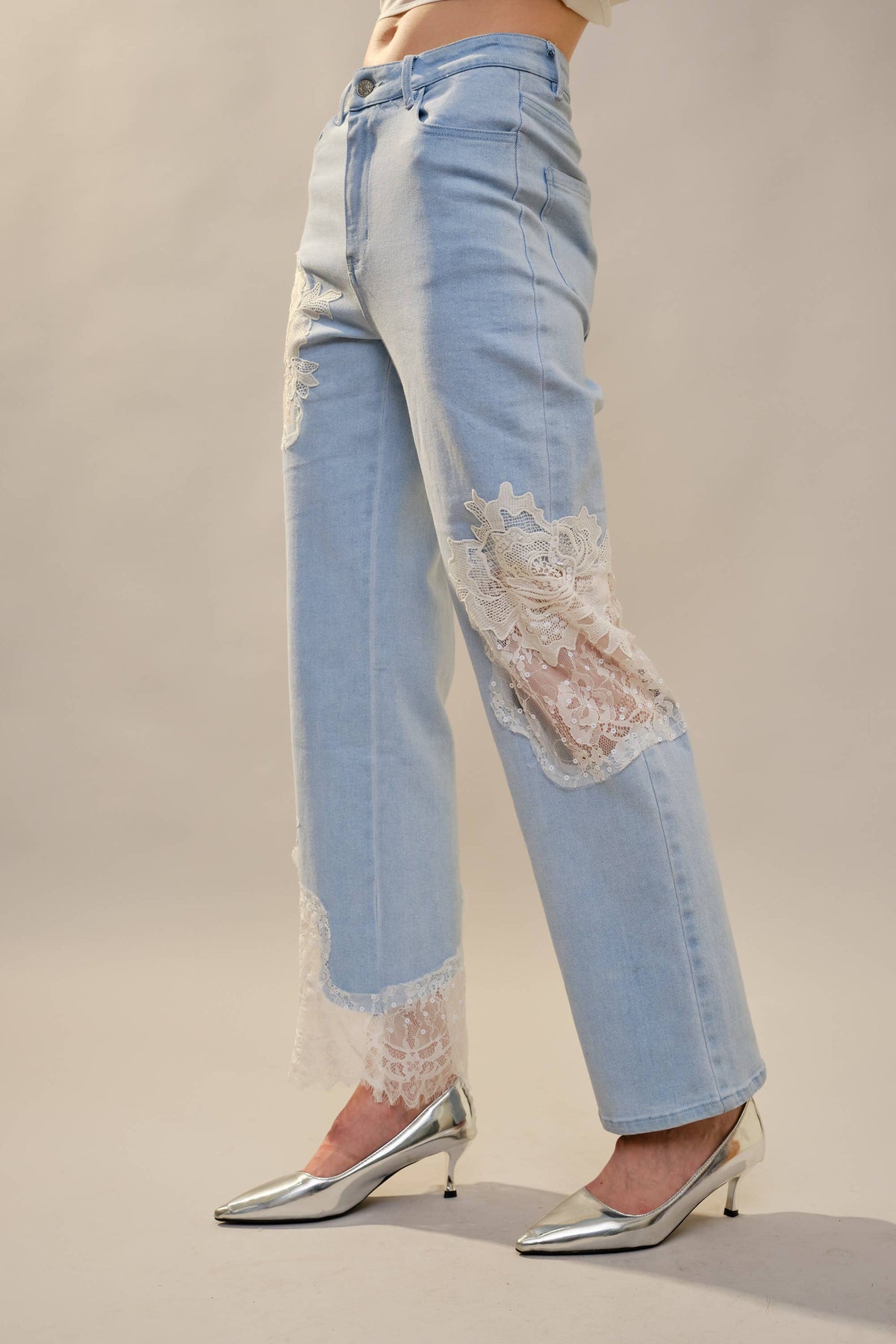 Lace Patchwork Straight Leg Jeans
