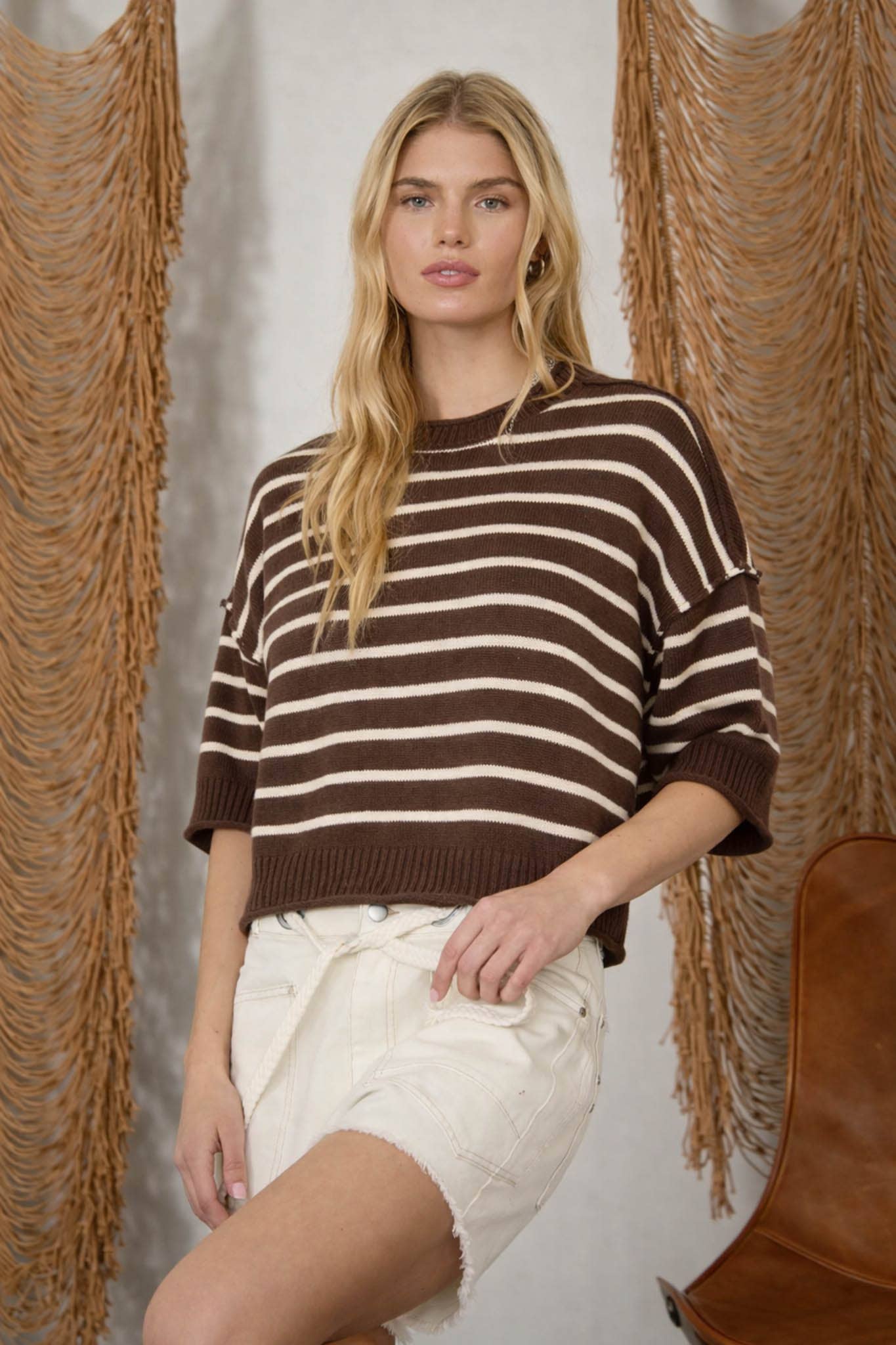 STRIPE RAW EDGE DROP SHOULDER SHORT SLEEVE SWEATER