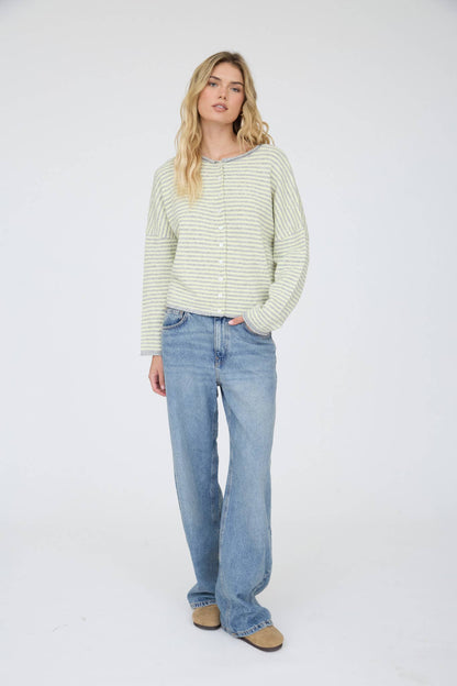 STRIPE RAW EDGE DROP SHOULDER KNIT CARDIGAN