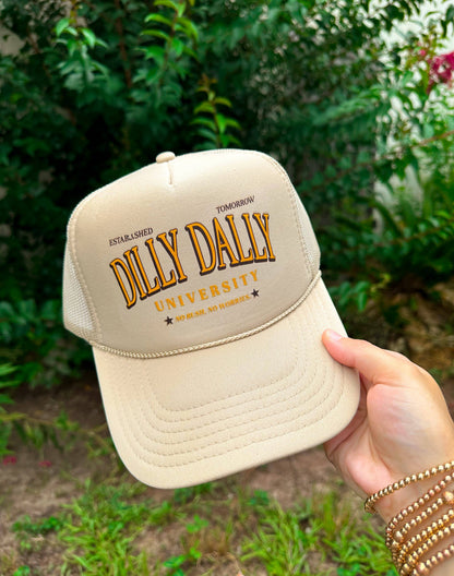 Dilly Dally University (yellow font) Khaki Trucker Hat
