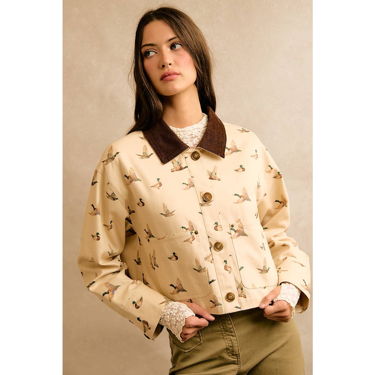 Mallard Duck Print Corduroy Collar Jacket