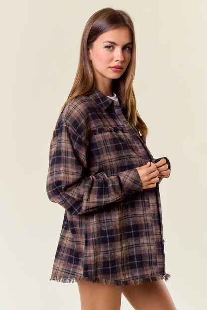 Bonfire Nights Plaid Flannel Shirt W/ Frayed Hem