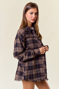 Bonfire Nights Plaid Flannel Shirt W/ Frayed Hem