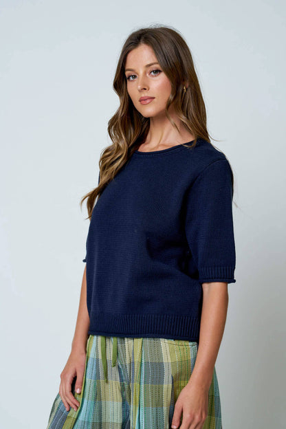 RAW EDGE HALF SLEEVE SWEATER KNIT TOP