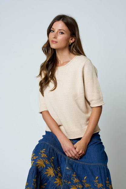 RAW EDGE HALF SLEEVE SWEATER KNIT TOP