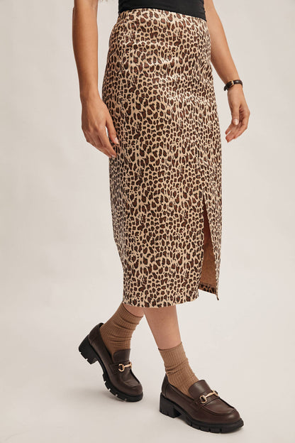 Wild Side Leopard Print Satin Midi Skirt