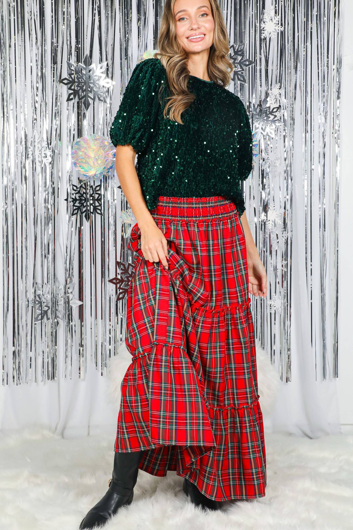 Feelin’ Festive Flowy Plaid Tiered Maxi Skirt