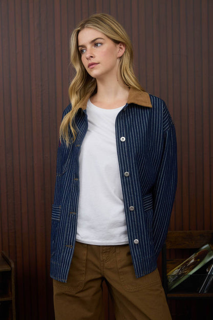 STRIPE CORDUROY COLLAR DENIM SHACKET