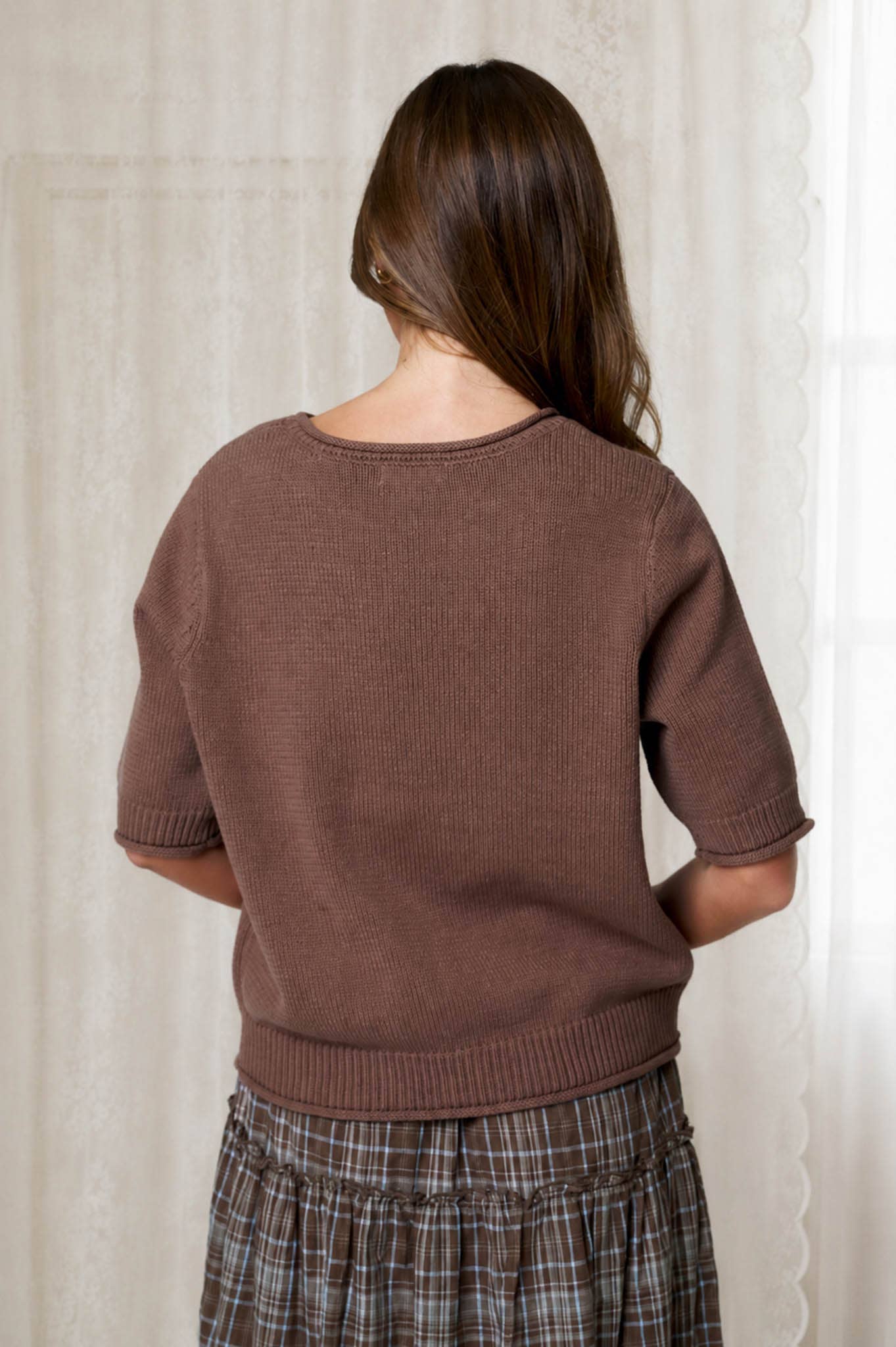 RAW EDGE HALF SLEEVE SWEATER KNIT TOP