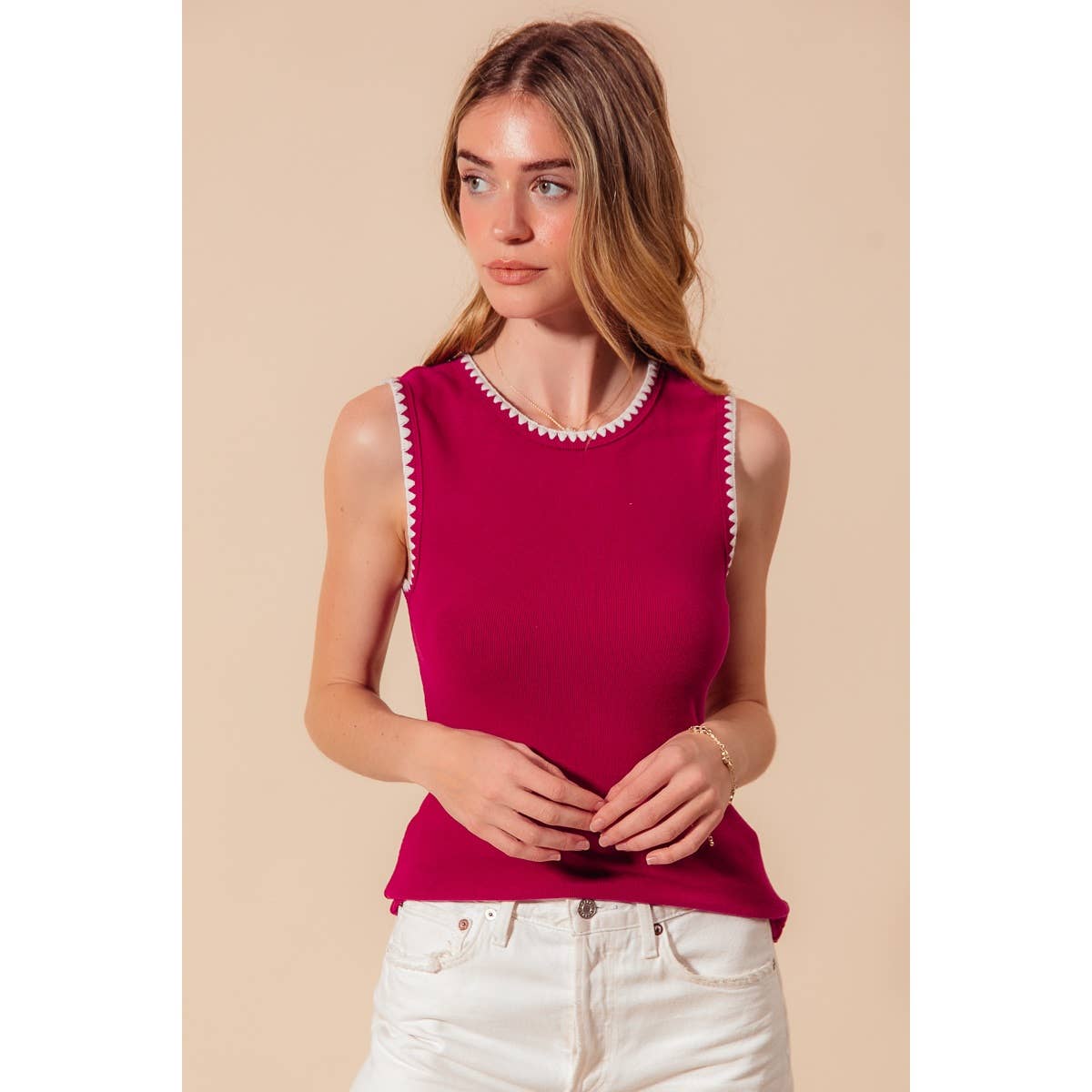 RIB SLEEVELESS TANK TOP EMBROIDERY DETAIL