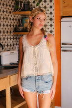 Load image into Gallery viewer, Bows Before Bros Tie Front Lace Trimmed Tank Top