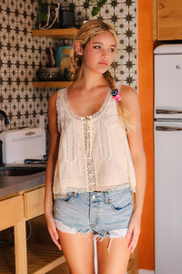Bows Before Bros Tie Front Lace Trimmed Tank Top