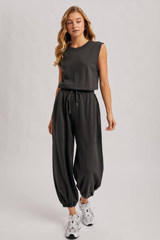 Out and About Drawstring Waist Sleeveless Knit Active Jumpsuit