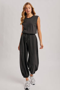Out and About Drawstring Waist Sleeveless Knit Active Jumpsuit