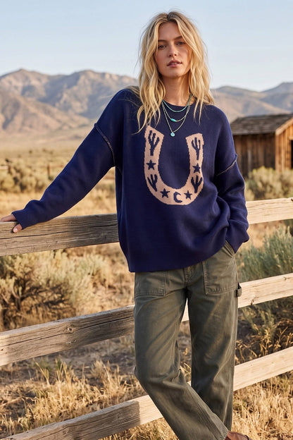 Western Horseshoe Cactus Knit Sweater