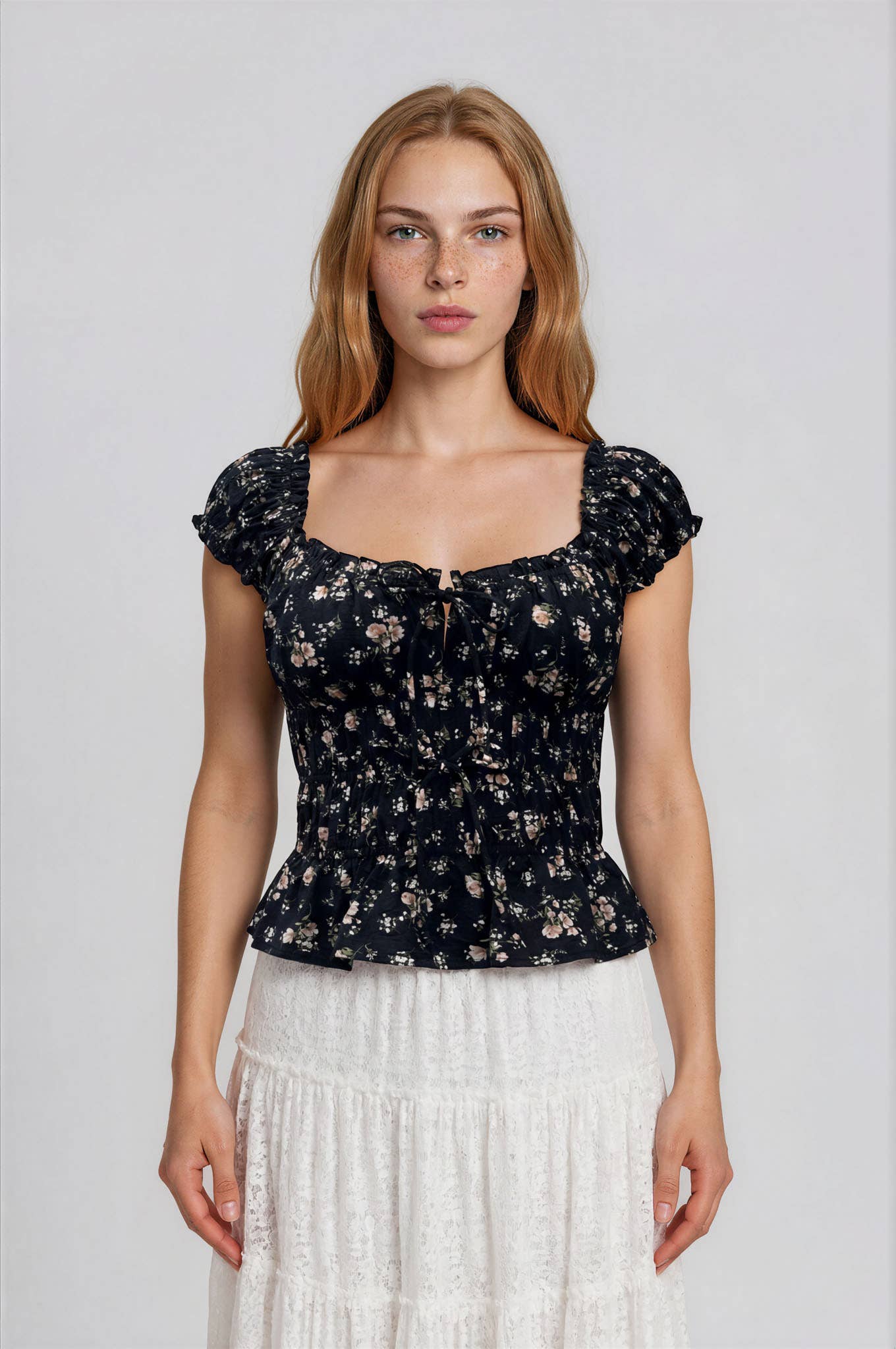 FLORAL FRONT TIE SHIRRED WAIST RUFFLED TOP