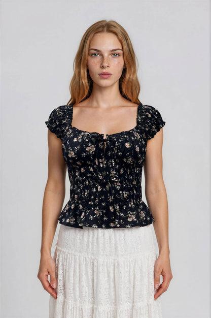 FLORAL FRONT TIE SHIRRED WAIST RUFFLED TOP