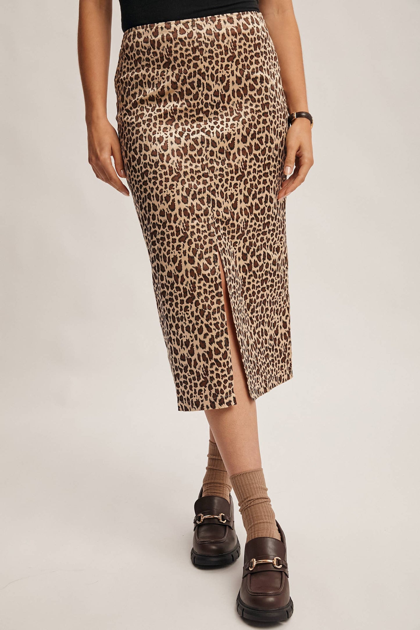 Wild Side Leopard Print Satin Midi Skirt