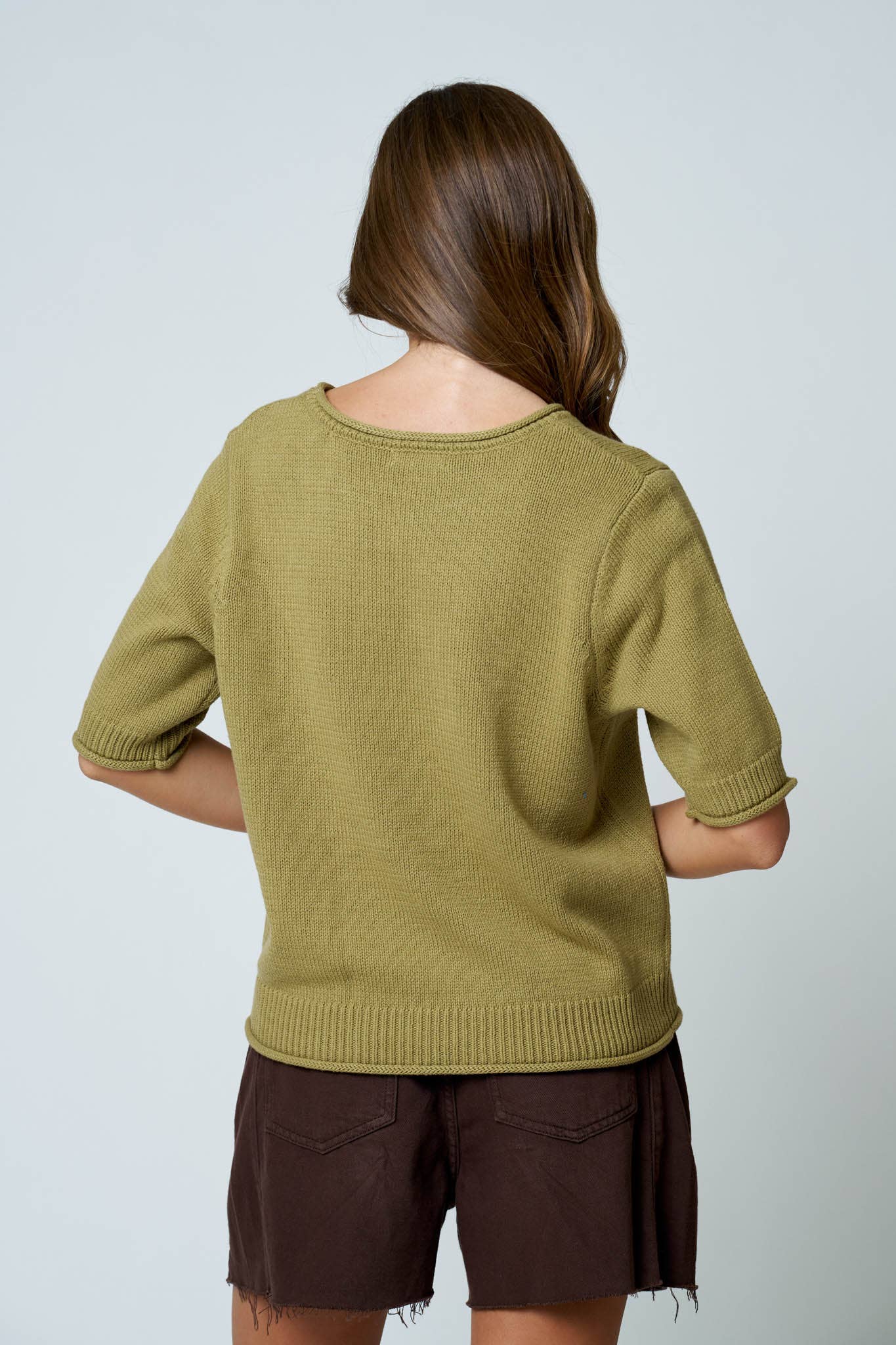 RAW EDGE HALF SLEEVE SWEATER KNIT TOP