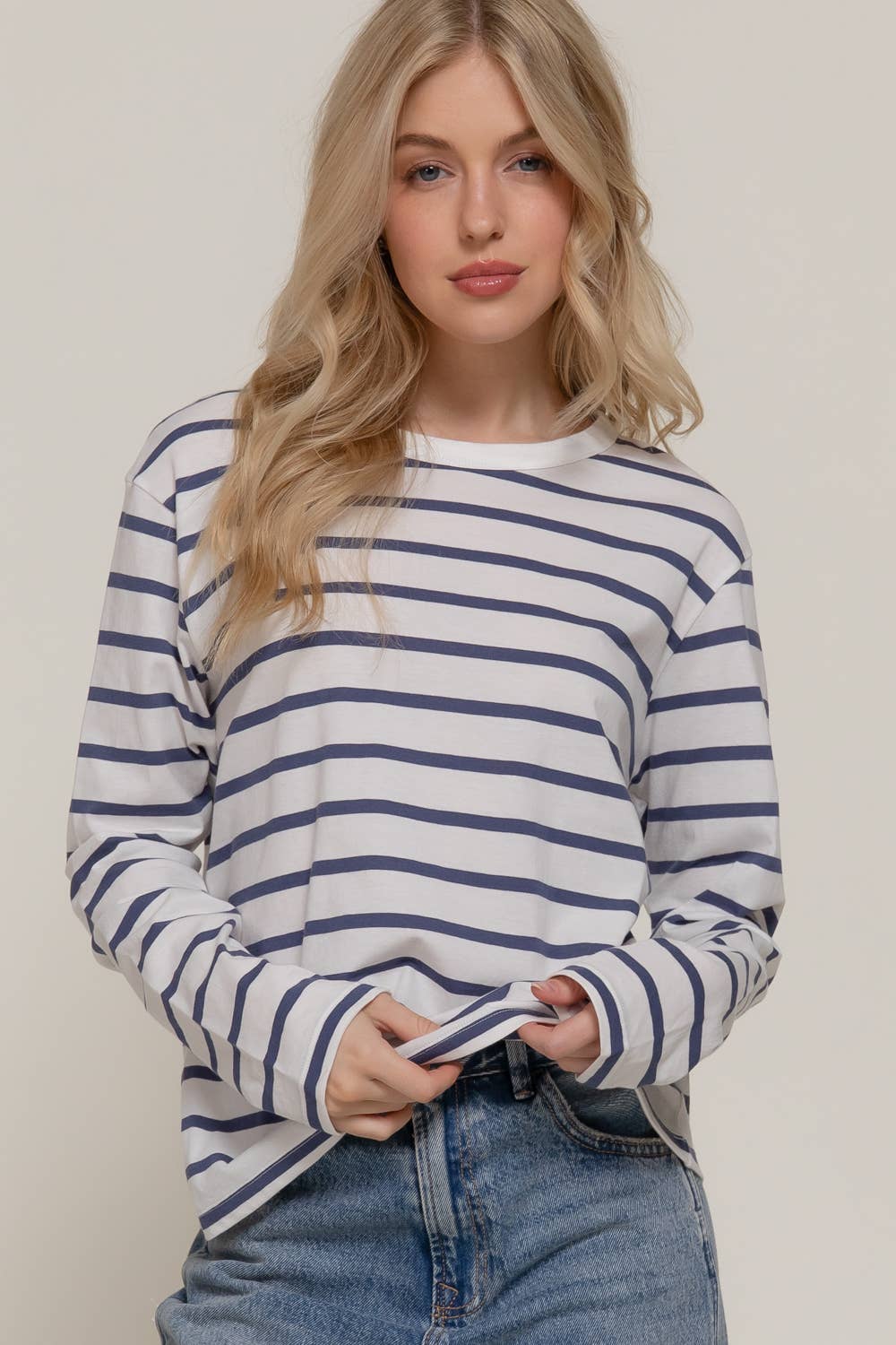 Long Sleeve Round Neck Neck Y/D Stripe Tee