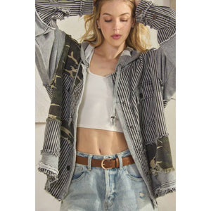Oli & Hali Mixed Fabric  Hooded Button Down Jacket