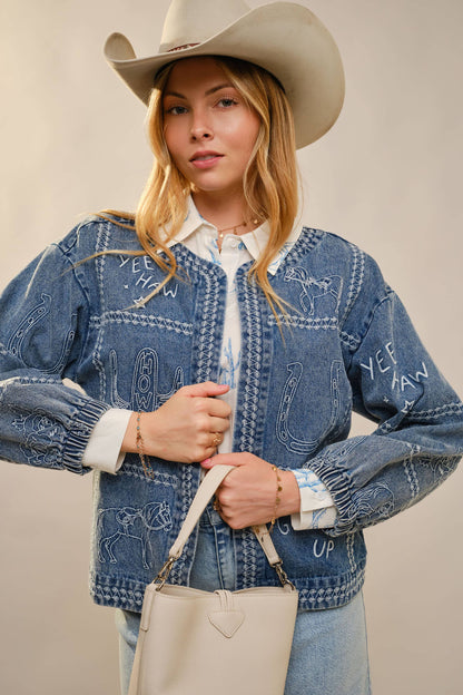 This Ain’t My First Rodeo Western Embroidery Puff Sleeve Denim Jacket