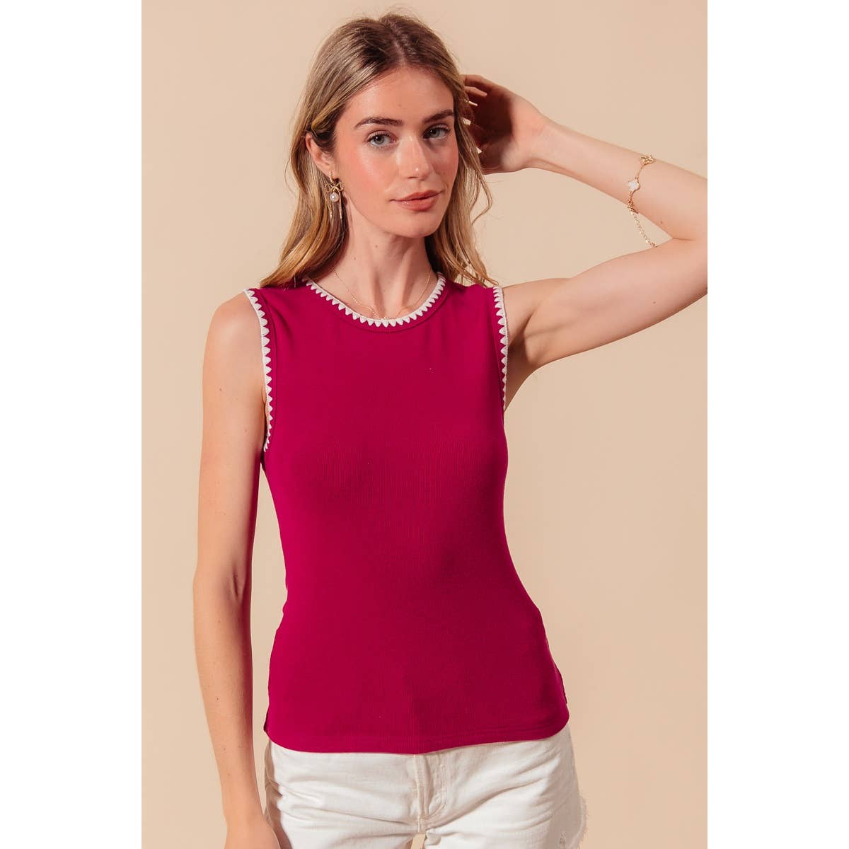 RIB SLEEVELESS TANK TOP EMBROIDERY DETAIL