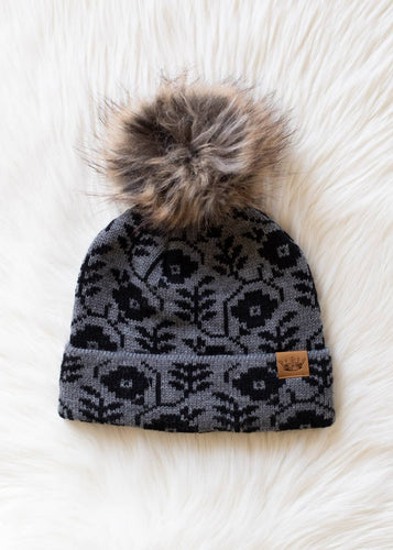 Gray & Black Floral Pattern Pom Hat