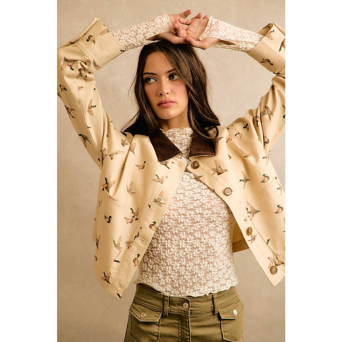 Mallard Duck Print Corduroy Collar Jacket