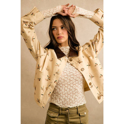 Mallard Duck Print Corduroy Collar Jacket