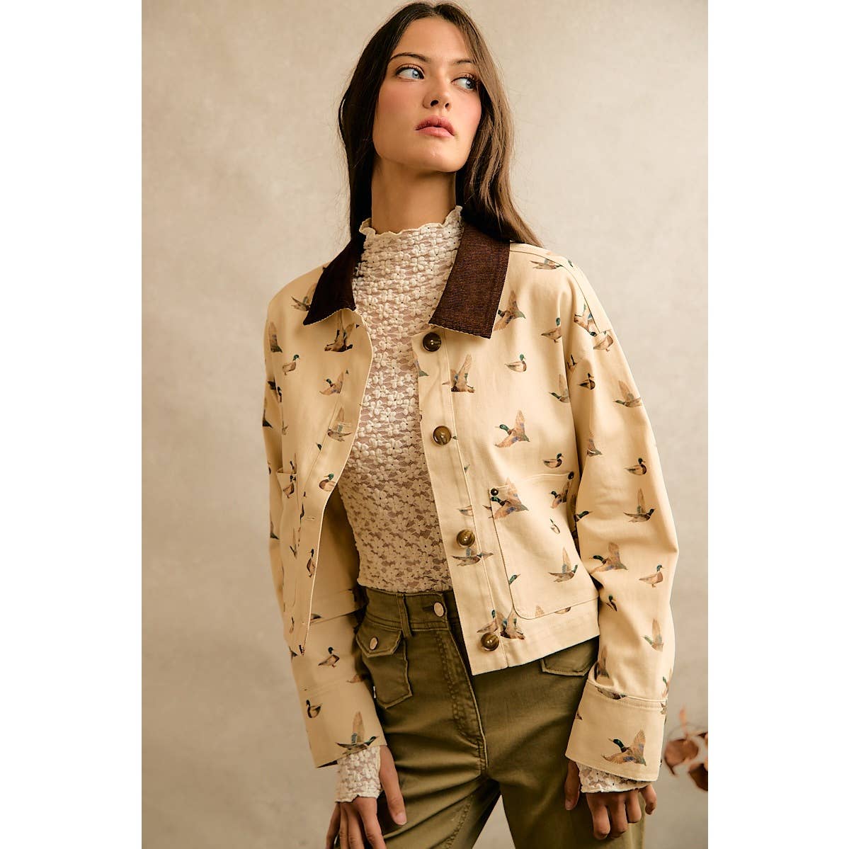 Mallard Duck Print Corduroy Collar Jacket