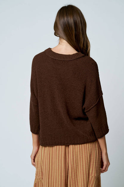 CREW NECK DROP SHOULDER RAW EDGE KNIT TOP
