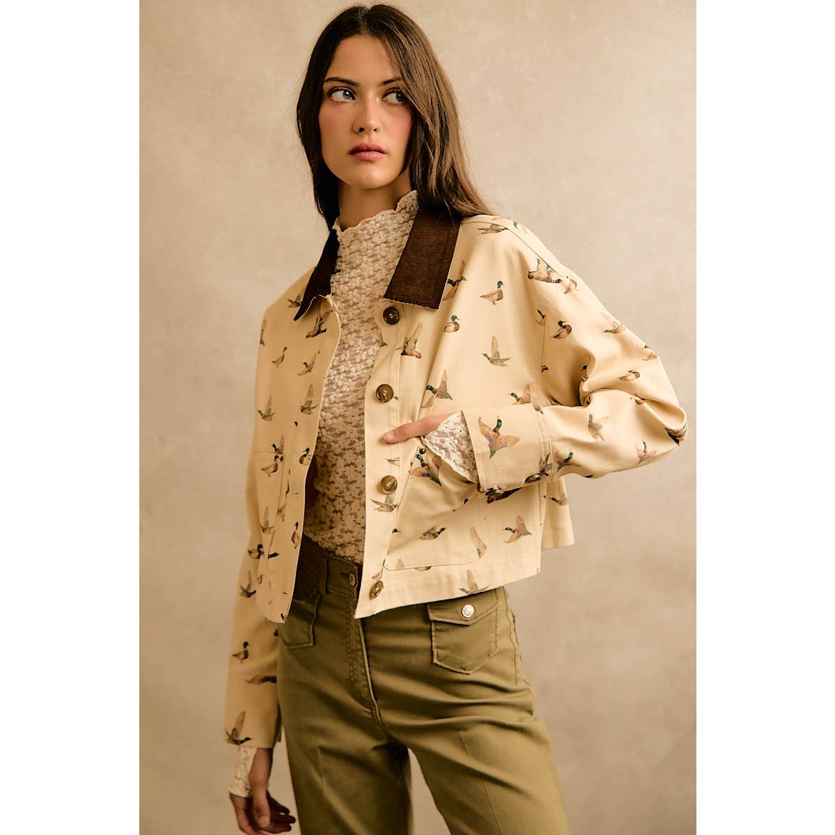Mallard Duck Print Corduroy Collar Jacket