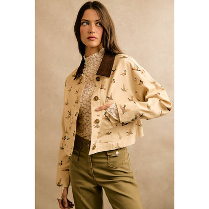Mallard Duck Print Corduroy Collar Jacket