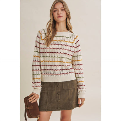 ARTISAN MULTI-COLOR CROCHET-LIKE SCALLOP STRIPE SWEATER