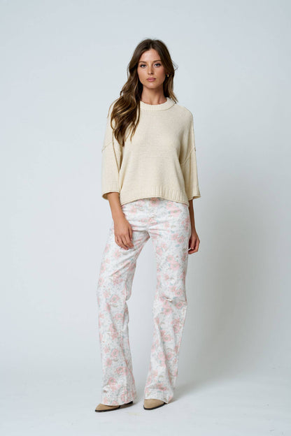CREW NECK DROP SHOULDER RAW EDGE KNIT TOP