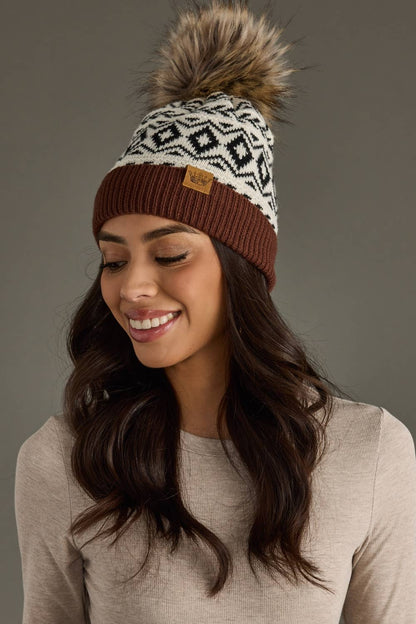 Ivory, Black & Brown Pattern Pom Hat