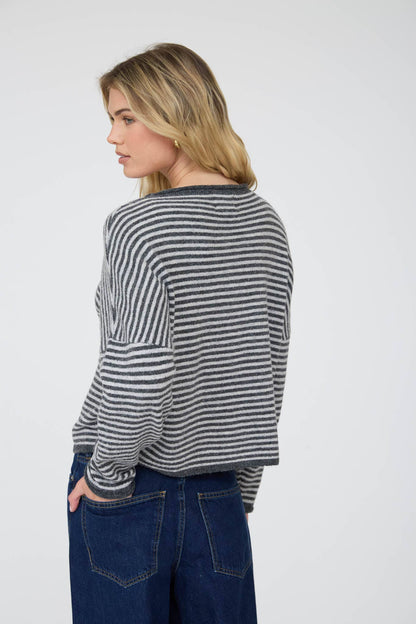 STRIPE RAW EDGE DROP SHOULDER KNIT CARDIGAN