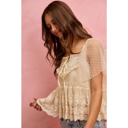 BOHEMIAN LACE TRIM RUFFLED MESH DOT BLOUSE TOP